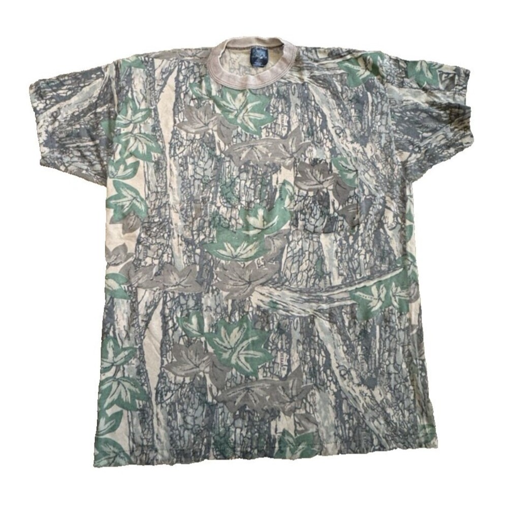 Vintage Single Stitch Ace Sportswear T-Shirt Mens L Brown Trebark Camo Pocket T